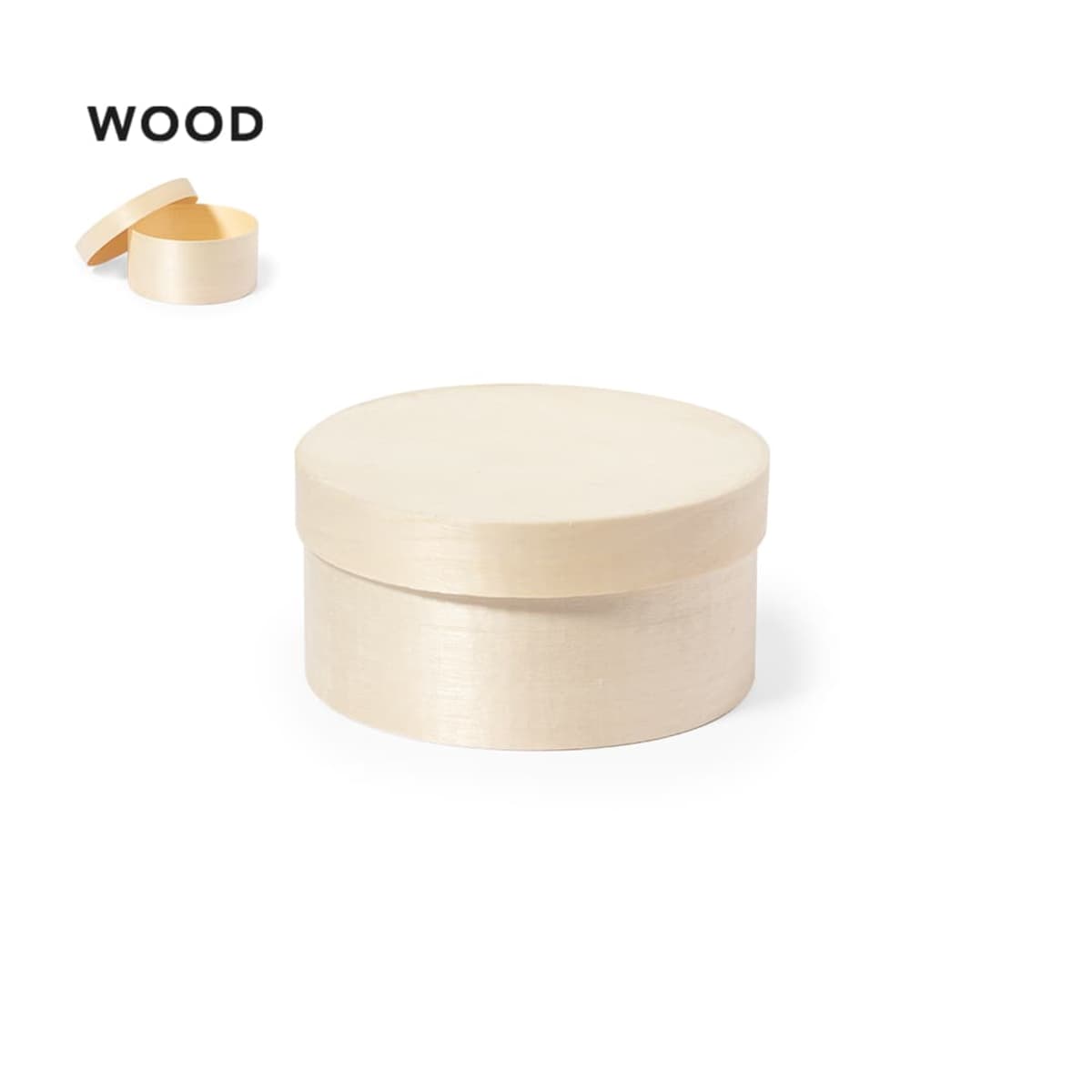 Round wooden box with a flat lid, also shown open in a smaller image.