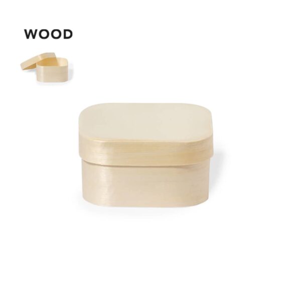 Rectangular wood box with lid, light beige color, WOOD text above.