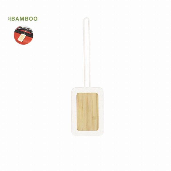 Bamboo paddle with rectangular wooden insert and long handle; circular bamboo logo nearby.