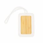 Rectangular keychain with a wooden center and white border, attached to a white string.