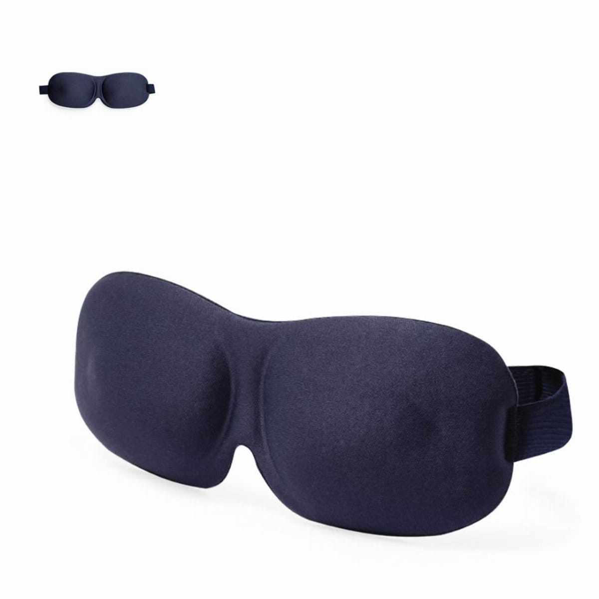 A black 3D contoured sleep mask with an elastic strap, isolated on a white background.
