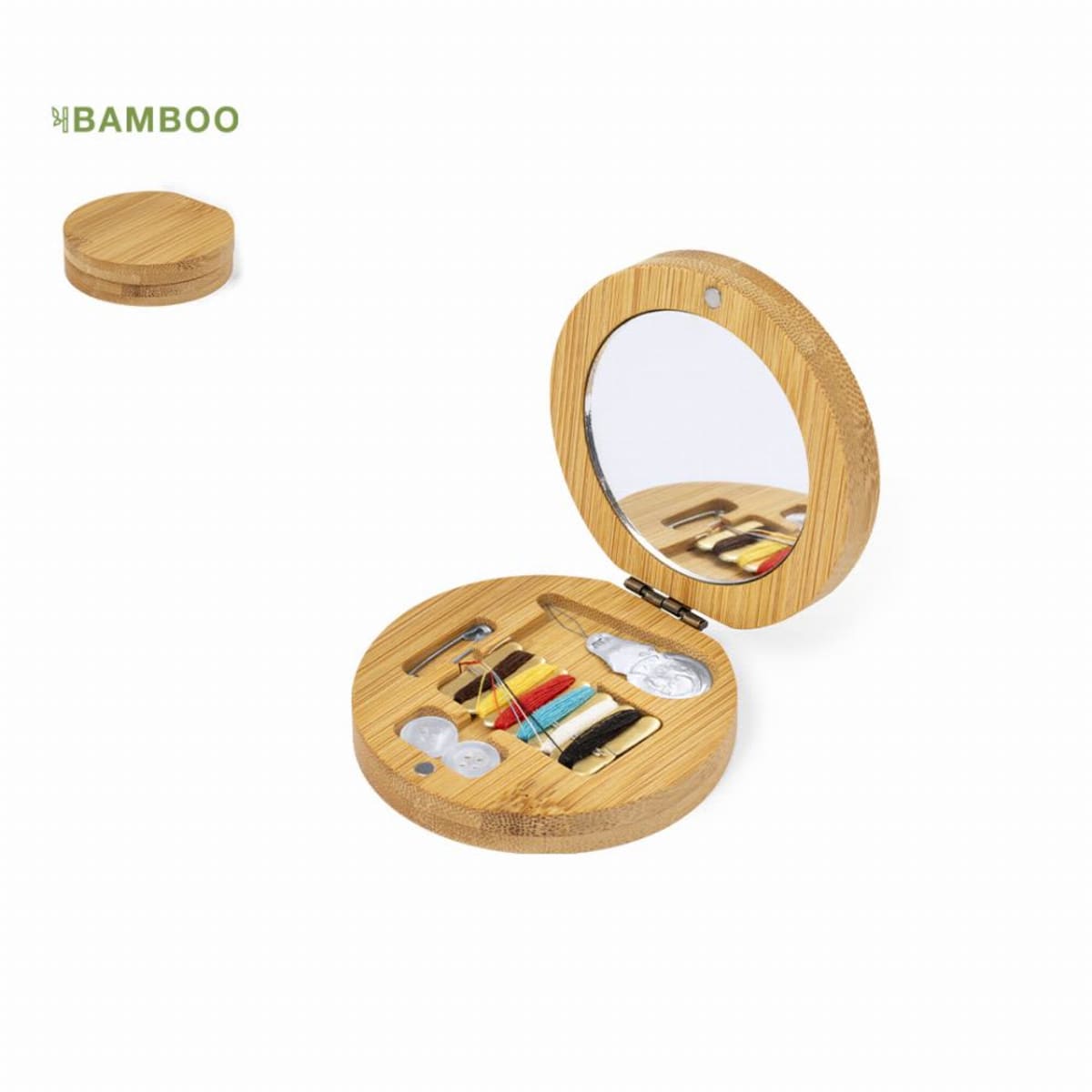 Round bamboo sewing kit with mirror, open to show threads, needles, and buttons.
