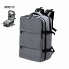 Gray backpack with multiple compartments, shown open and closed.