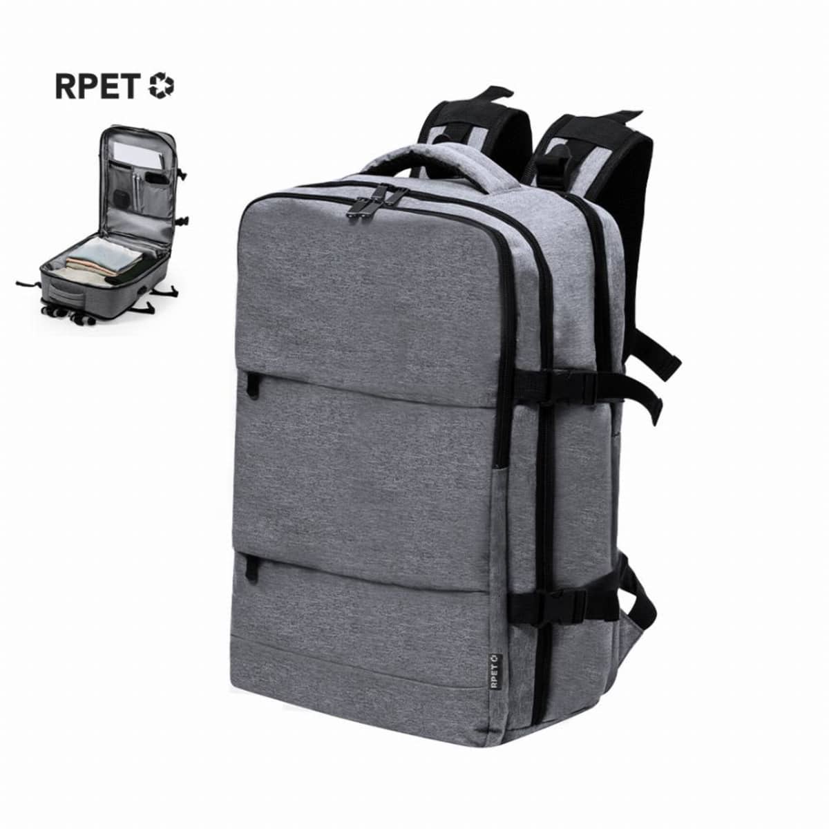 Gray backpack with multiple compartments, shown open and closed.