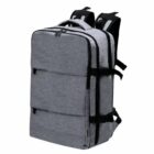 Gray backpack with multiple compartments and black straps.