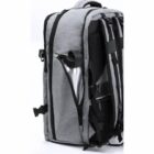 Gray backpack with multiple compartments and a water bottle in the side pocket.