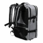 Gray backpack with black straps, rear view, showing shoulder straps and side buckles.