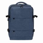 A blue backpack with a simple design and multiple zipped compartments.