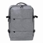 Gray rectangular backpack with multiple zippers and side straps against a white background.