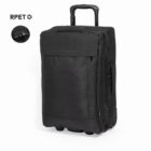 Black wheeled suitcase with telescopic handle, labeled with RPET material mark.
