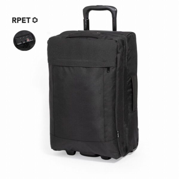 Black rolling suitcase with a black handle and a lock inset.
