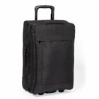 Black rolling suitcase with an extended handle, standing upright.