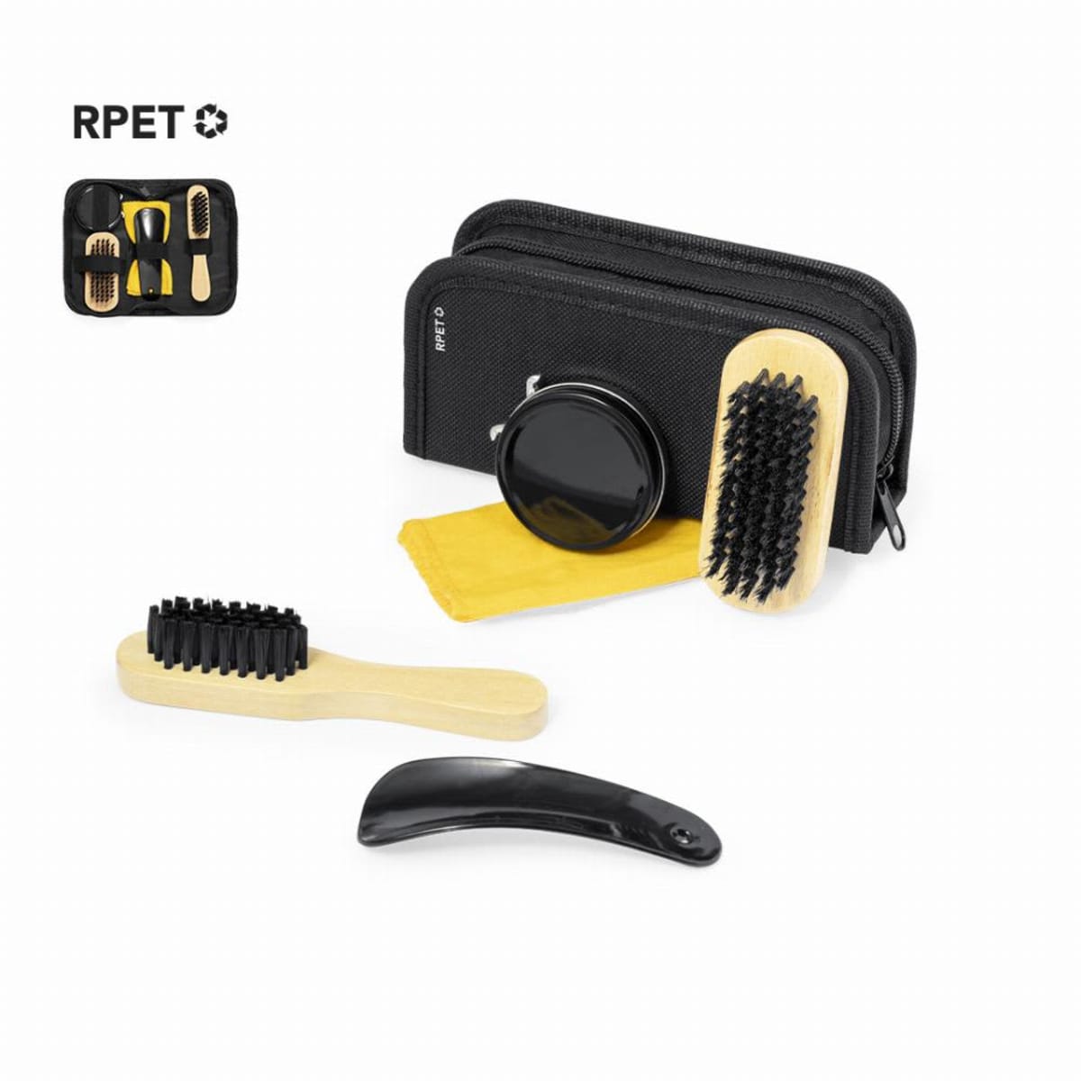 Grooming kit with brushes, comb, mirror, cloth, and black case.