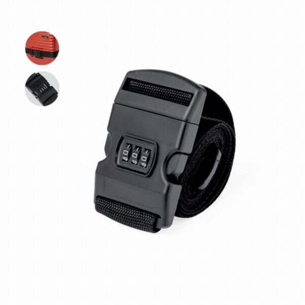 Black combination luggage strap with inset of buckle detail.
