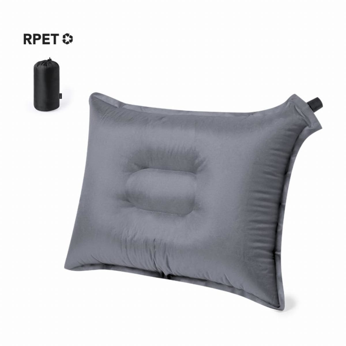 Gray inflatable pillow with a central indentation, next to a black cylindrical carrying pouch.