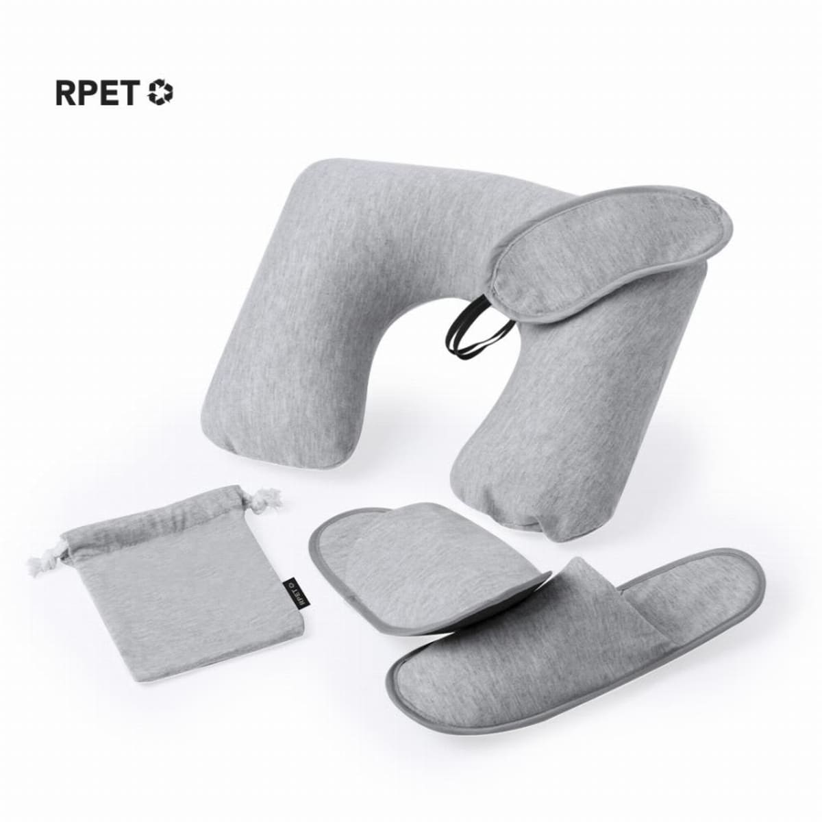 Gray travel set: neck pillow, eye mask, slippers, drawstring pouch. Eco-friendly RPET material.