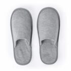 Gray house slippers side by side, viewed from above.