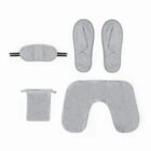 Gray travel set with slippers, eye mask, pouch, and neck pillow.