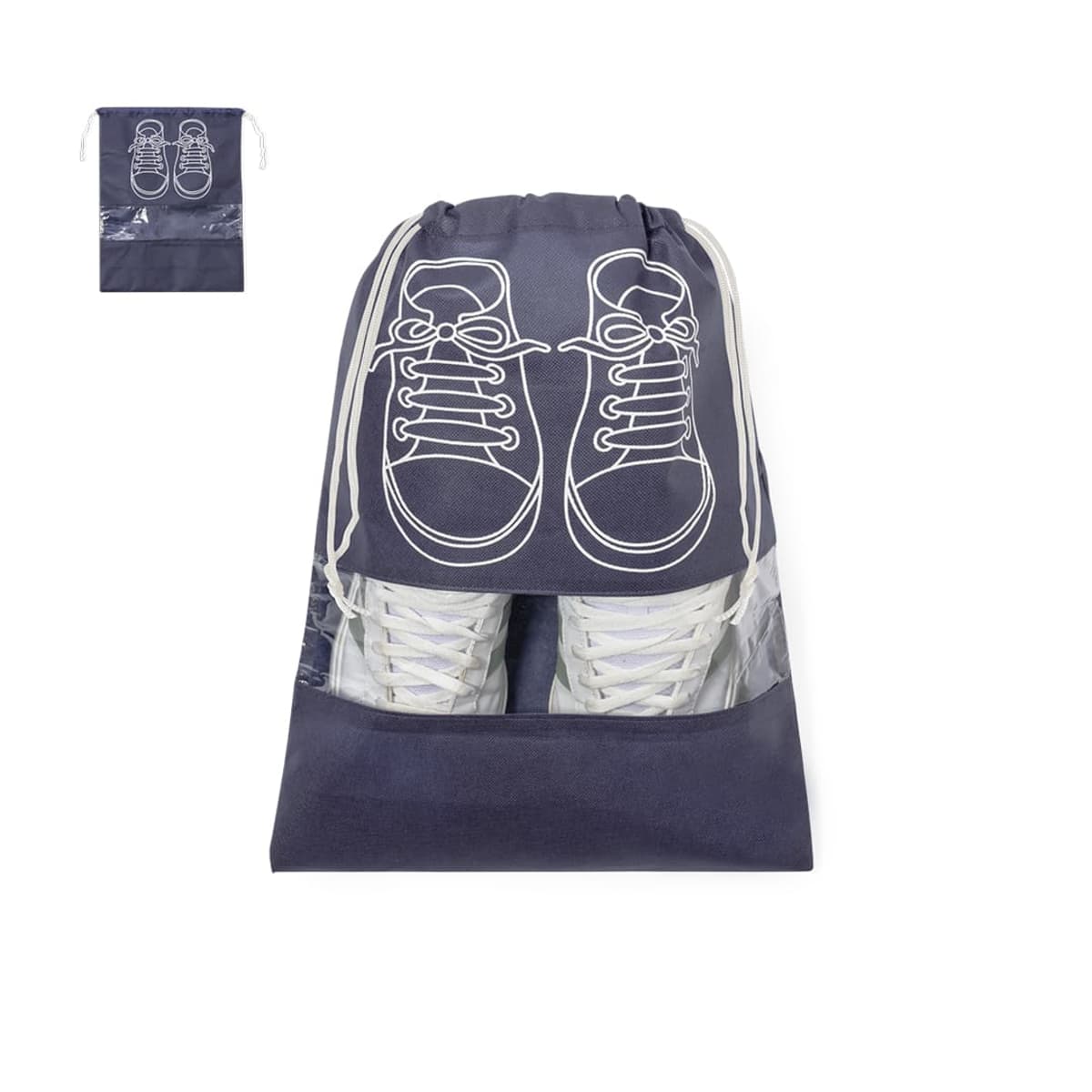 Blue shoe bag with sneaker illustration and clear panel showing shoes inside.