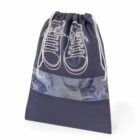 Navy drawstring bag with white sneaker design and translucent horizontal strip.