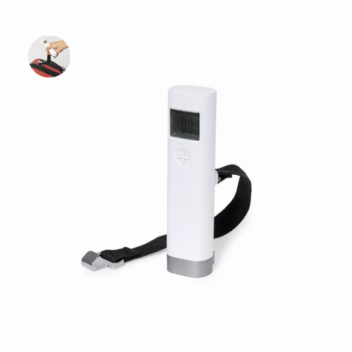 Portable digital luggage scale with strap and small display.