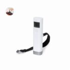 White digital luggage scale with a black strap and hook.