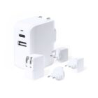 White USB charger with multiple plug adapters for different regions.