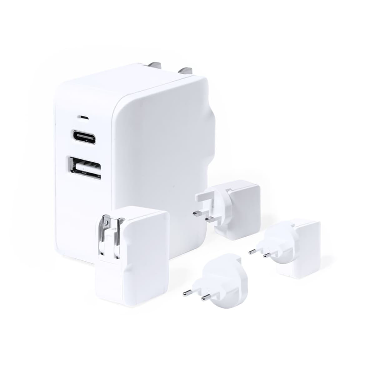 White USB charger with multiple plug adapters for different regions.