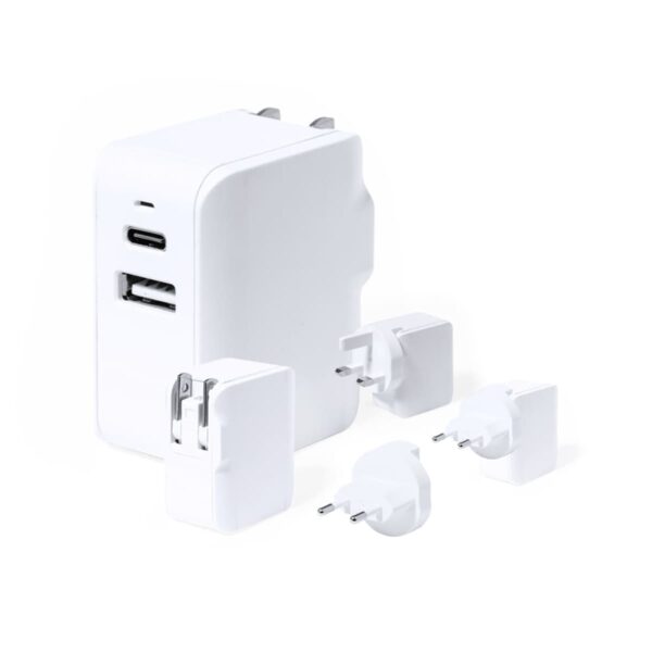 White universal travel adapter with USB ports and various plug attachments.