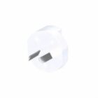 White electrical plug adapter with two metal prongs.