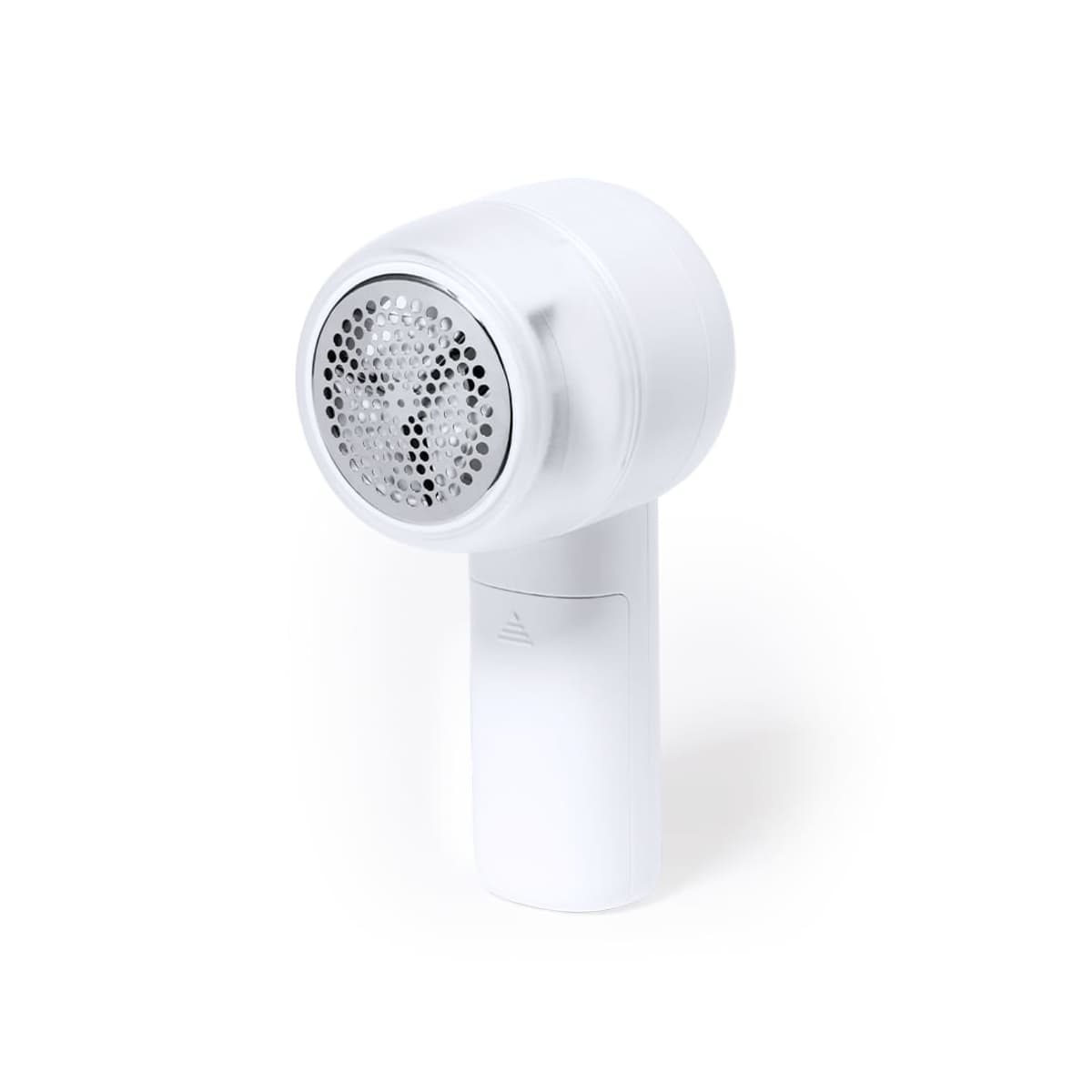 White electric fabric lint remover with a mesh head and handle.