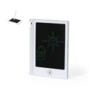 Electronic drawing tablet with doodles of a sun and house, stylus attached.