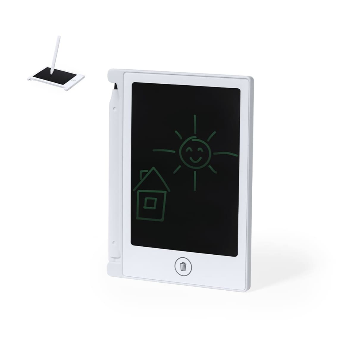 Electronic drawing tablet with doodles of a sun and house, stylus attached.