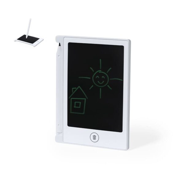 White digital drawing pad showing a sun and house sketch, with a stylus attached.