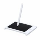Digital drawing tablet with a white pen resting on a black screen.