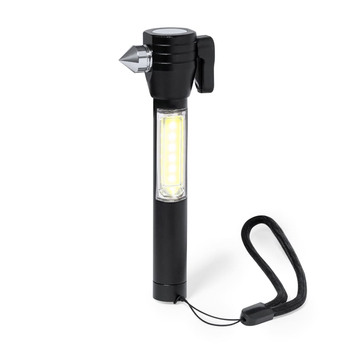 Black flashlight with an emergency glass breaker and a wrist strap.