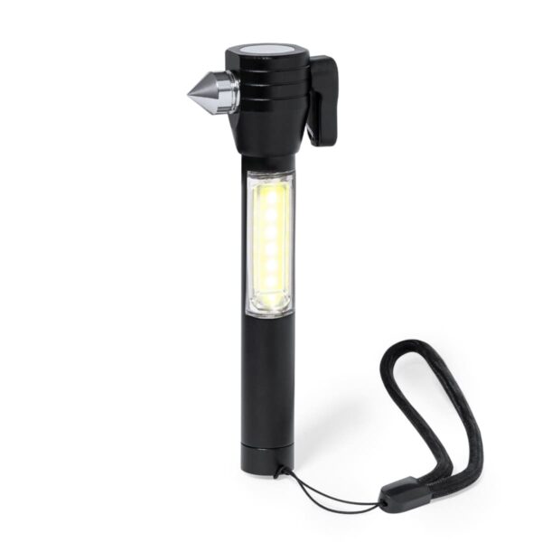 Black multipurpose flashlight with light strip, window breaker, and wrist strap.