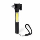 Black emergency tool with flashlight, window breaker, belt cutter, and wrist strap.