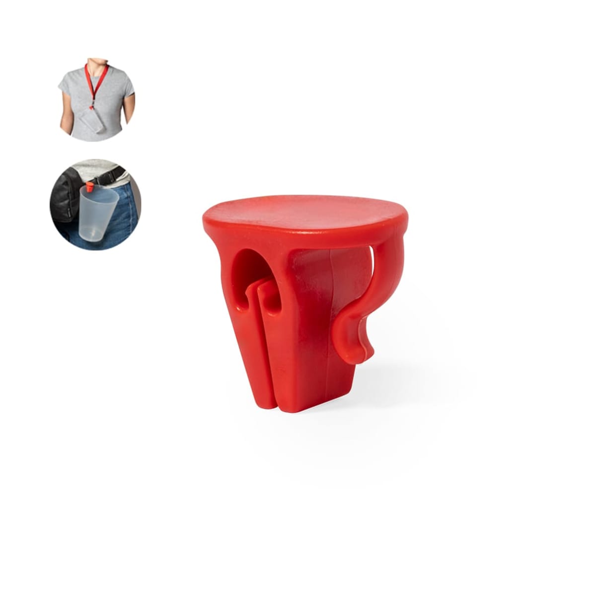 Red portable cup holder with example usage images.