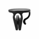 Black plastic garment clip with hooked end and oval handle.
