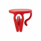 Red plastic potato chip bag clip with a curved handle.
