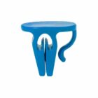 Blue plastic clip with a hook and rounded top.