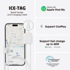 ICE-TAG smart tracker and charging cable with Apple Find My and CarPlay support, 60W fast charge.