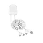 White multi-device charging cable with USB, Lightning, and USB-C connectors on a white background.