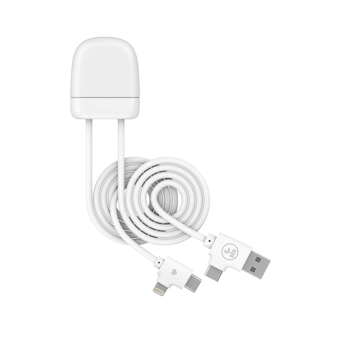White multi-device charging cable with USB, Lightning, and USB-C connectors on a white background.
