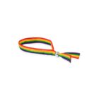 A colorful woven bracelet with a rainbow pattern and metal clasp.
