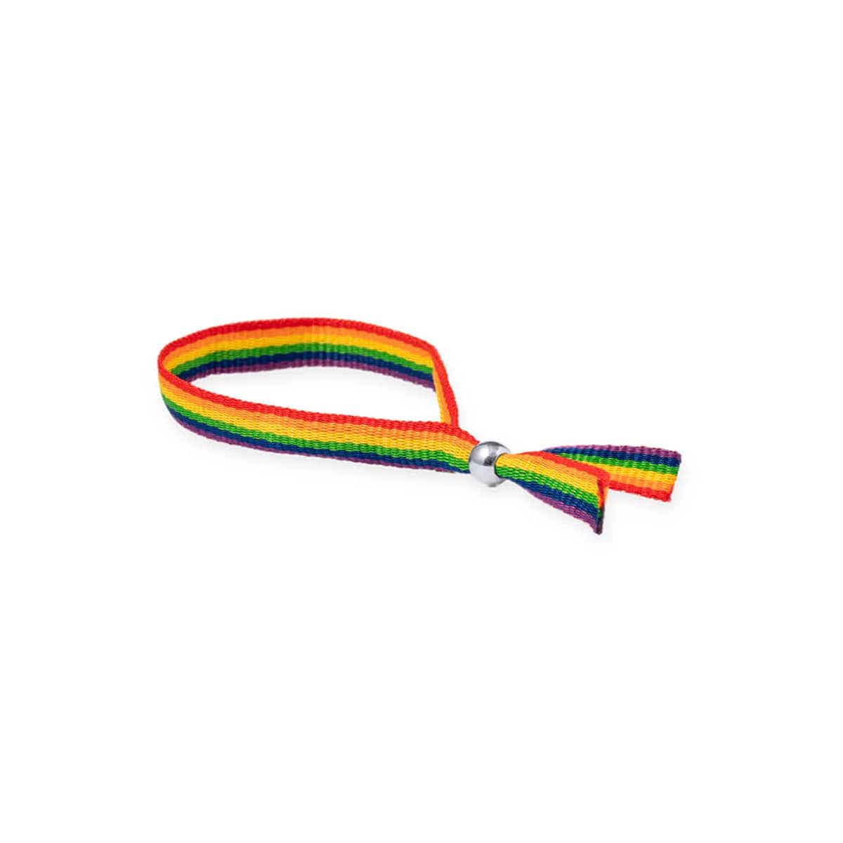 A colorful woven bracelet with a rainbow pattern and metal clasp.