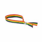 Rainbow-striped fabric bracelet with a metal bead clasp.