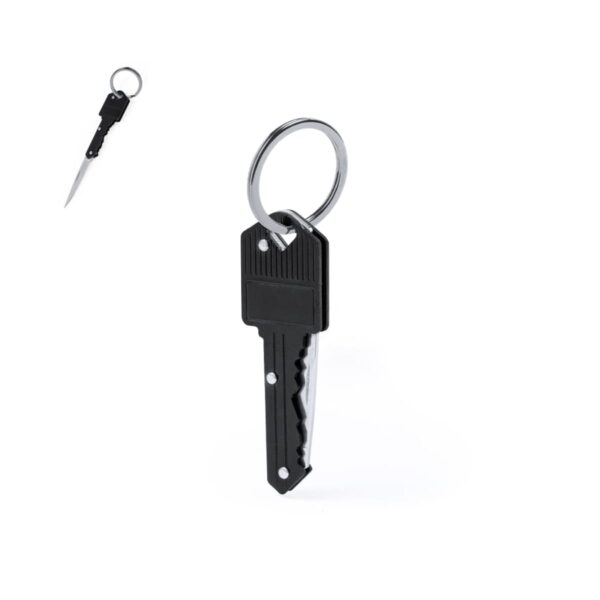 Key-shaped black pocket knife with a steel blade, attached to a silver keyring.