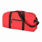 Red duffel bag with black straps and a zippered front pocket on a white background.